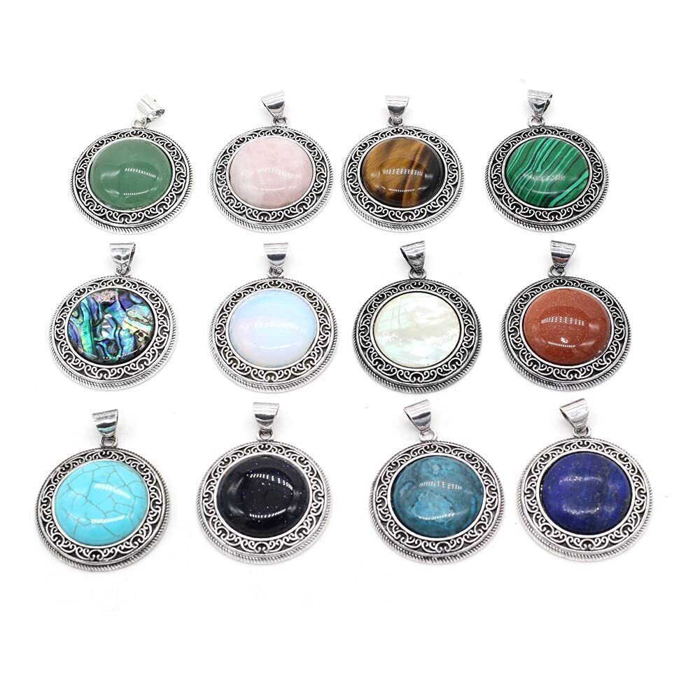 1755 4 Pcs Natural Stone Pendants Retro Round Mixed Crystal Shell Stone